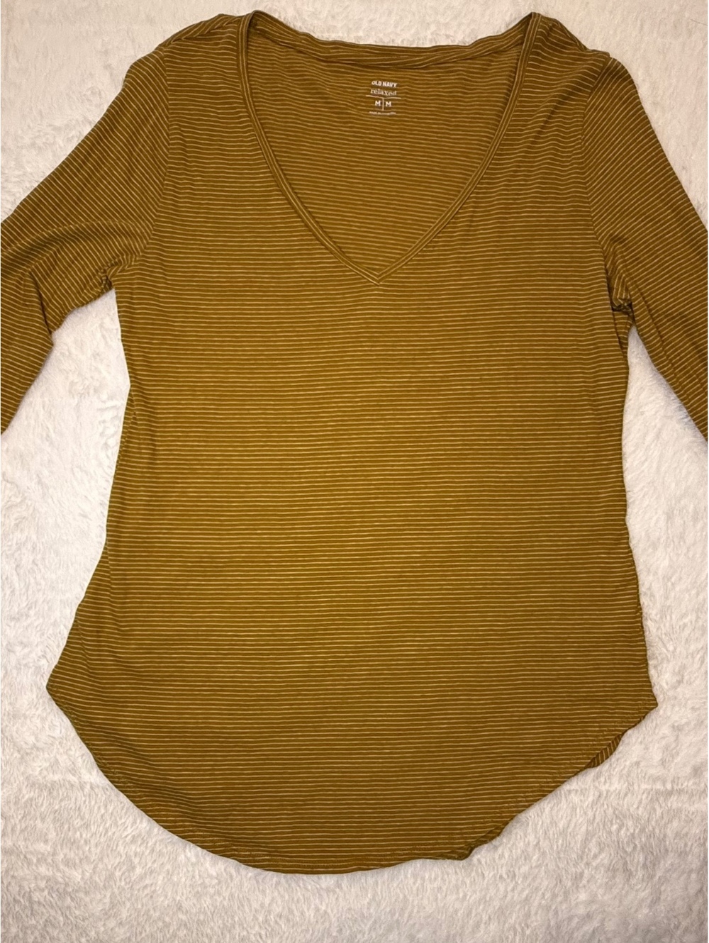 Women's Mustard Yellow Long Sleeve V-Neck Striped Shirt Size XL
